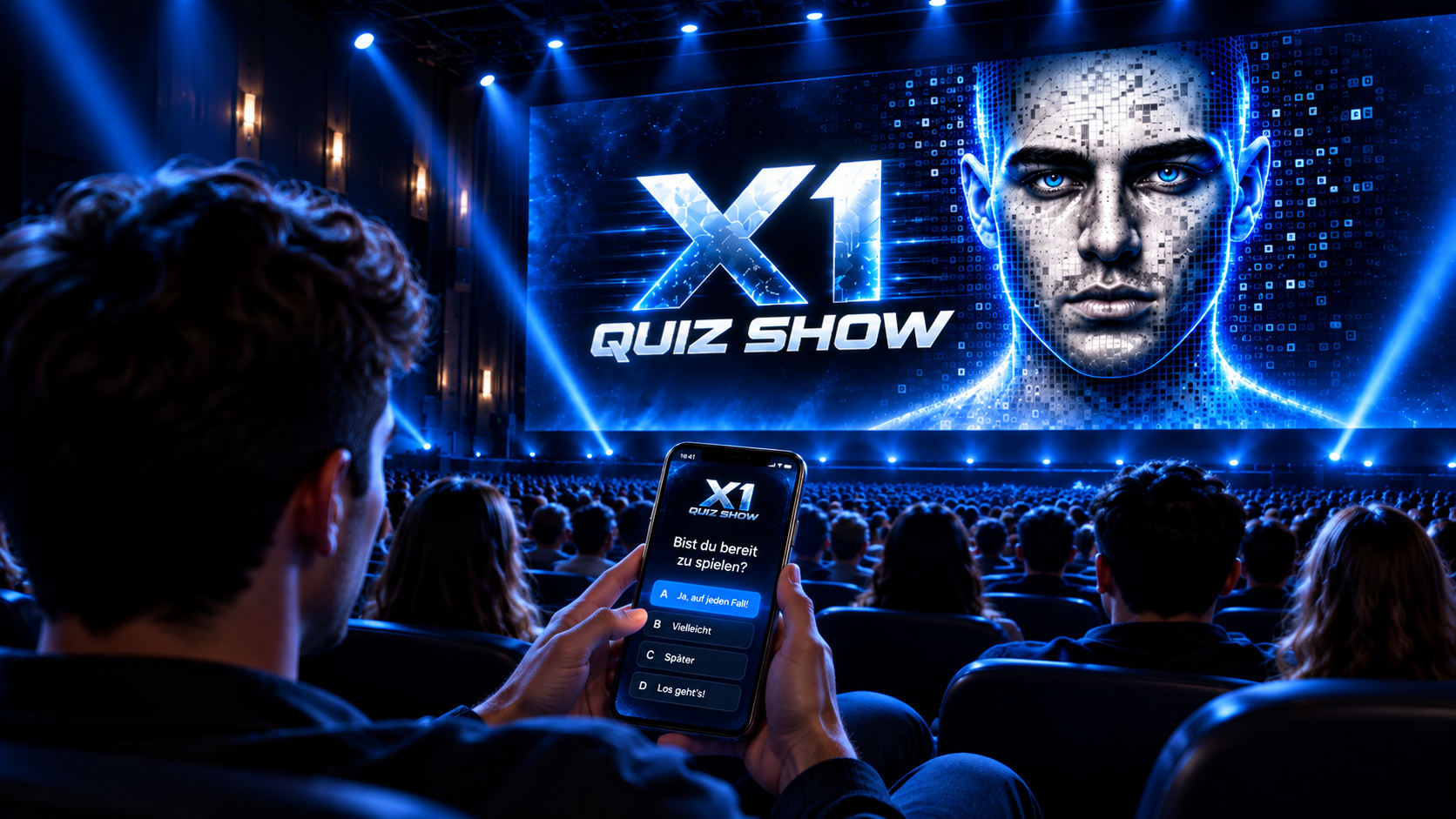 Kinosaal mit X1 Quiz Show auf der großen Leinwand und Smartphone-Quiz